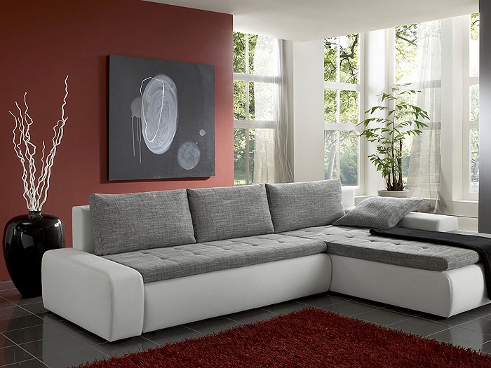 wohnzimmer grau weiß:Ecksofa Alisa, 300x210cm, Webstoff weiß-schwarz, Kunstleder weiß wohnzimmer grau weiß:Ecksofa Alisa, 300x210cm, Webstoff weiß-schwarz, Kunstleder weiß